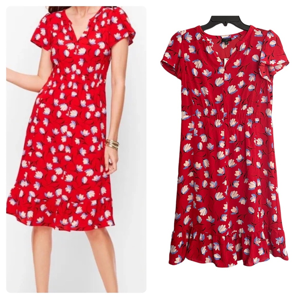 Talbots Red Floral Flutter Short Sleeve Flounce Midi Dress 2 Petite
